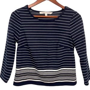 Max Studio Nordstrom Navy Blue White Striped Top 3/4 Sleeve Cropped Shirt Small